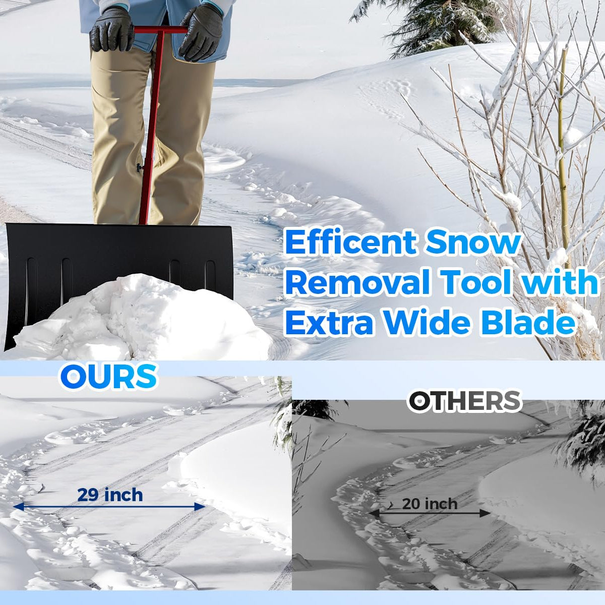 Garvee Heavy-Duty Snow Pusher with Wheels 30in Wide Blade 5-Position Adjustable Handle Steel Frame Anti-Slip Wheels Driveway Sidewalk