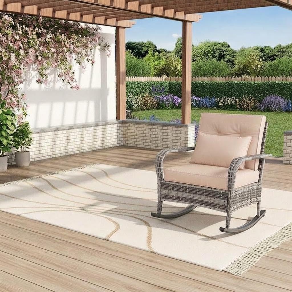 Garvee Outdoor Wicker Rocking Chair with Thick Cushions, All-Weather PE Rattan Patio Rocker for Porch, Garden & Balcony, Gray/Beige