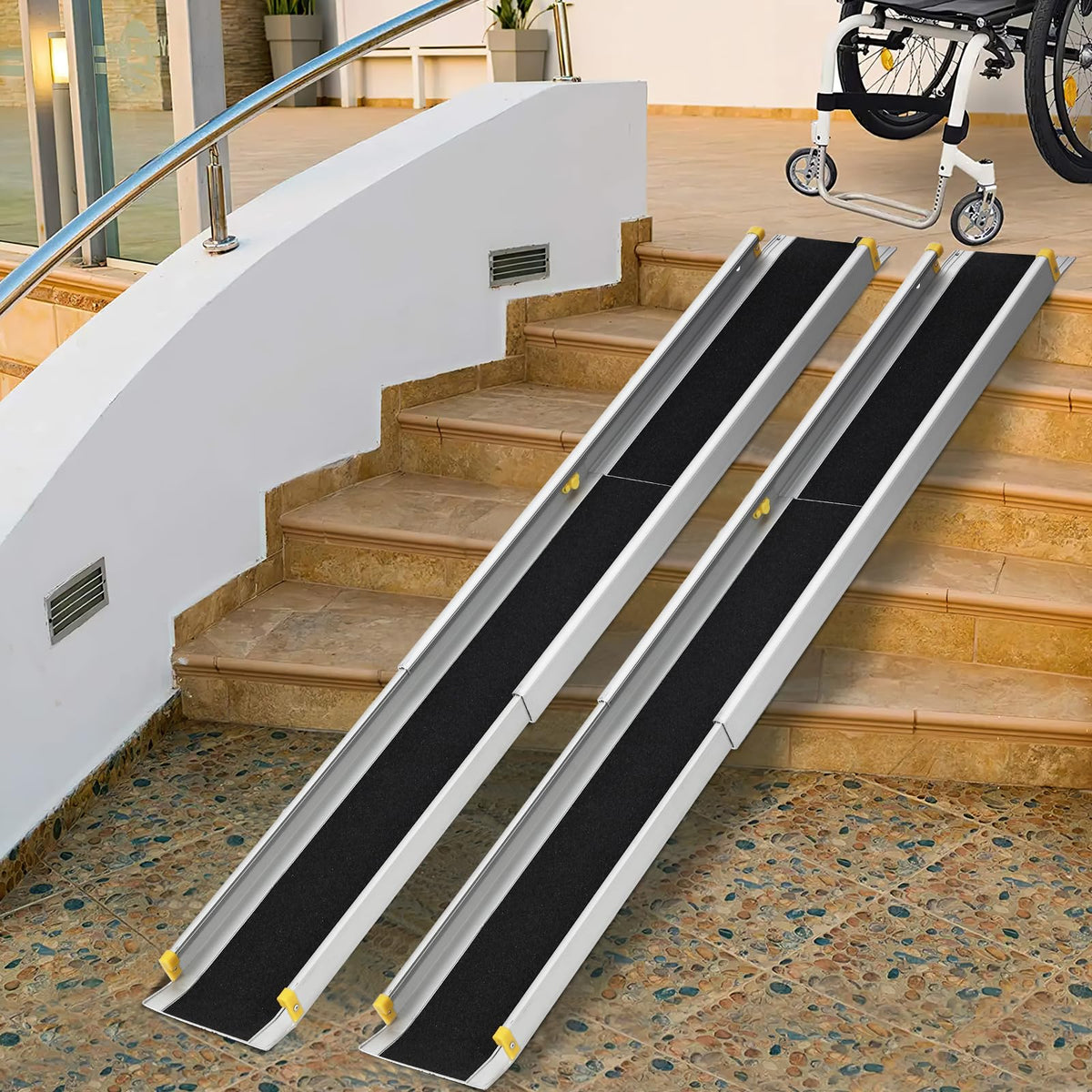 GARVEE aluminum telescoping wheelchair ramps placed on stairs for wheelchair access