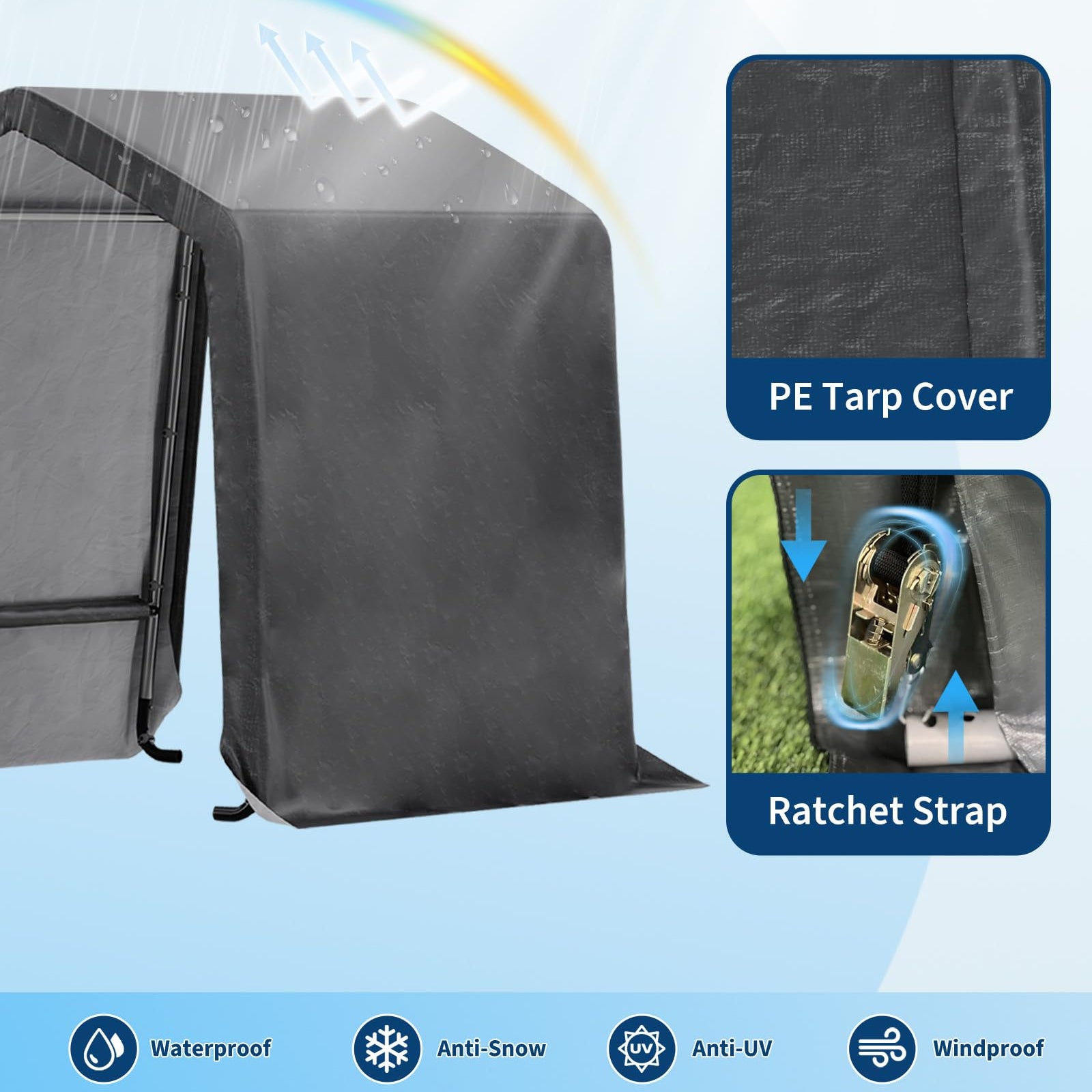 Garvee 10x10FT Gray Outdoor Portable Storage Shed with Roll-Up Door & Vent,Heavy-Duty Shelter Waterproof PE Tarp, UV-Resistant Storage Sheds for Motorcycle, Firewood, Garden and Tools, Gray