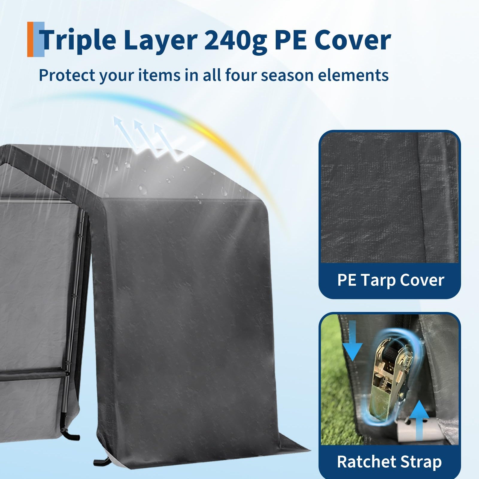 Garvee 6x6FT Gray Outdoor Portable Storage Shed with Roll-Up Door & Vent, 240G Heavy-Duty Shelter Waterproof PE Tarp, UV-Resistant Storage Sheds for Motorcycle, Firewood, Garden and Tools,