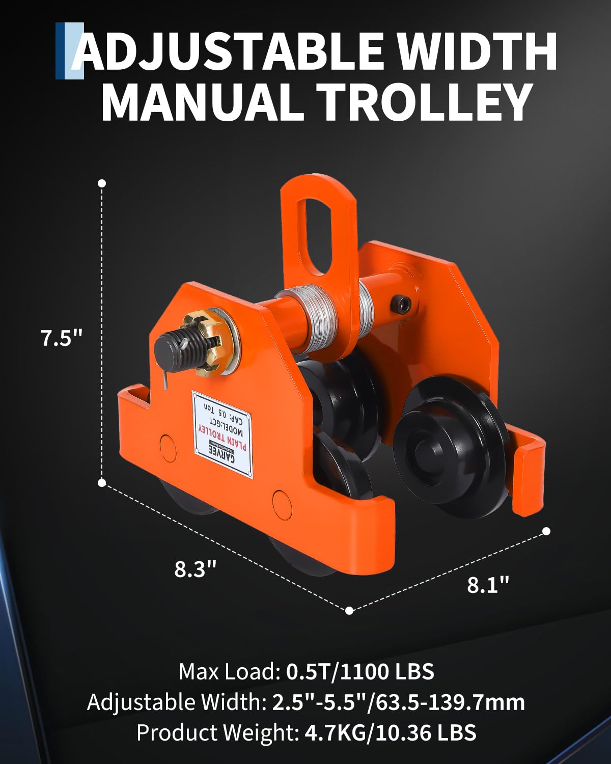 Garvee Manual Push Beam Trolley Hoist - 0.5 Ton (1100 lb) Capacity - Adjustable 2.5–7 in I-Beam Flange - Dual-Wheel Alloy Steel for Straight/Curved I & H Beams - Color: Orange