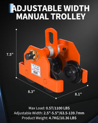 Garvee Manual Push Beam Trolley Hoist - 0.5 Ton (1100 lb) Capacity - Adjustable 2.5–7 in I-Beam Flange - Dual-Wheel Alloy Steel for Straight/Curved I & H Beams - Color: Orange