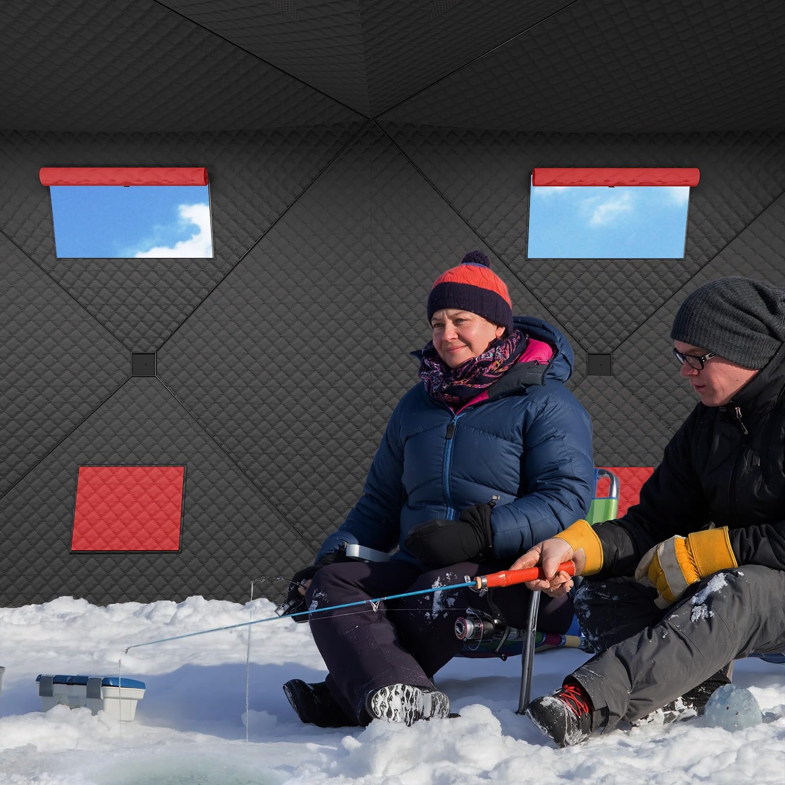 Garvee Insulated Pop-Up Ice Fishing Tent for 5-7 Persons - Portable Spacious Windproof Winter Shelter - Durable 3-Layer, Carry Bag, Zippered Door, Anchors - Red & Black, 141.73×70.8×77.74 Inch | Winter fishing shelter