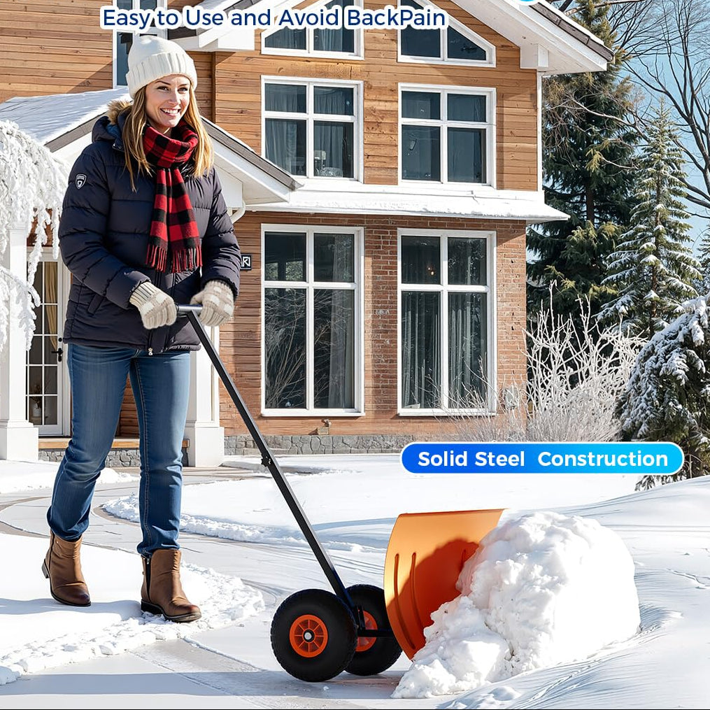 Garvee 29"W X 20"H Snow Shovel with Wheels Heavy Duty Steel 5-Position Adjustable Handle Anti-Skid Tires Quick Assembly for Driveway and Sidewalk