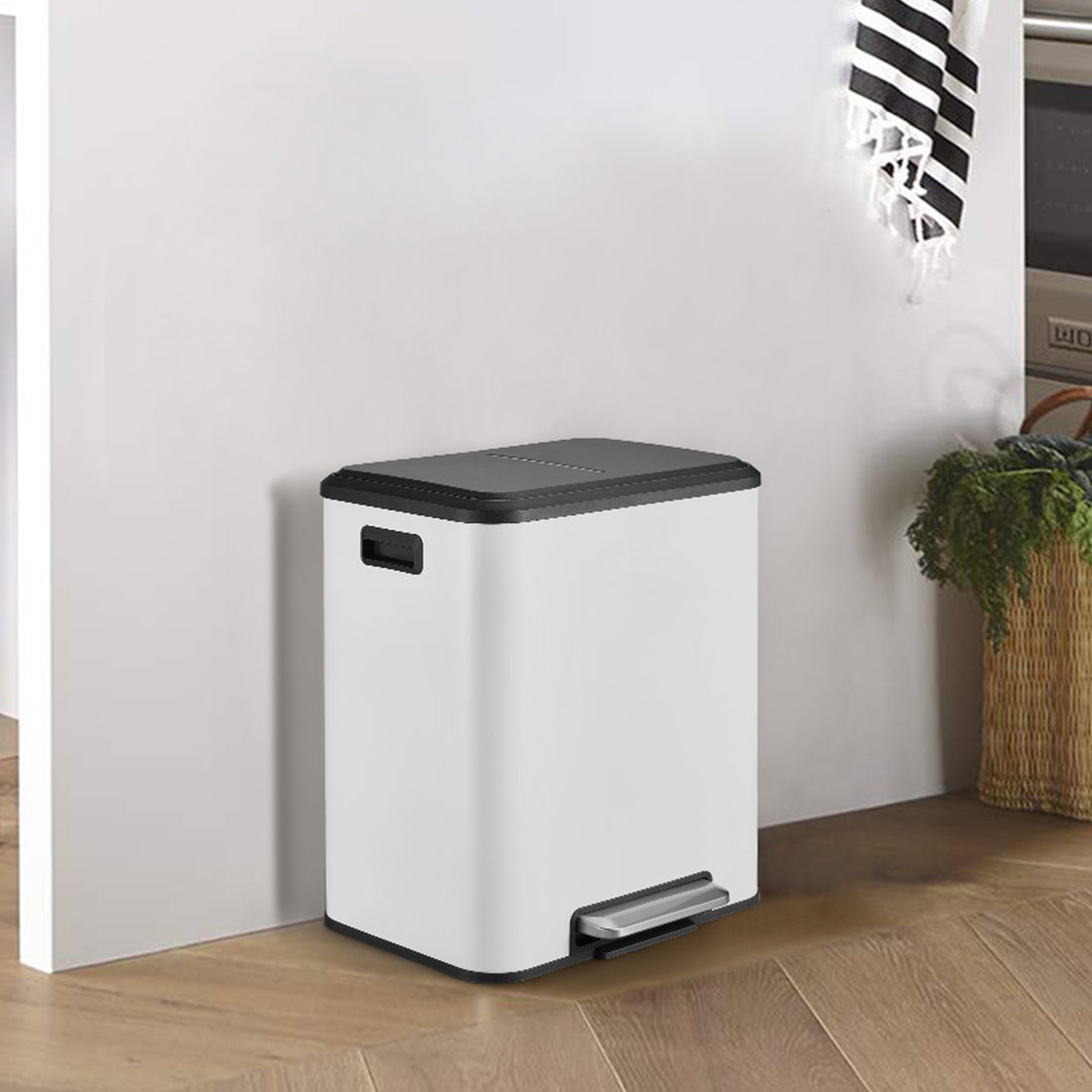 Garvee 8 Gallon Stainless Steel Dual Trash Can Recycling Bin with Removable Inner Bin and Soft Close Lid for Kitchen and Home Office, White