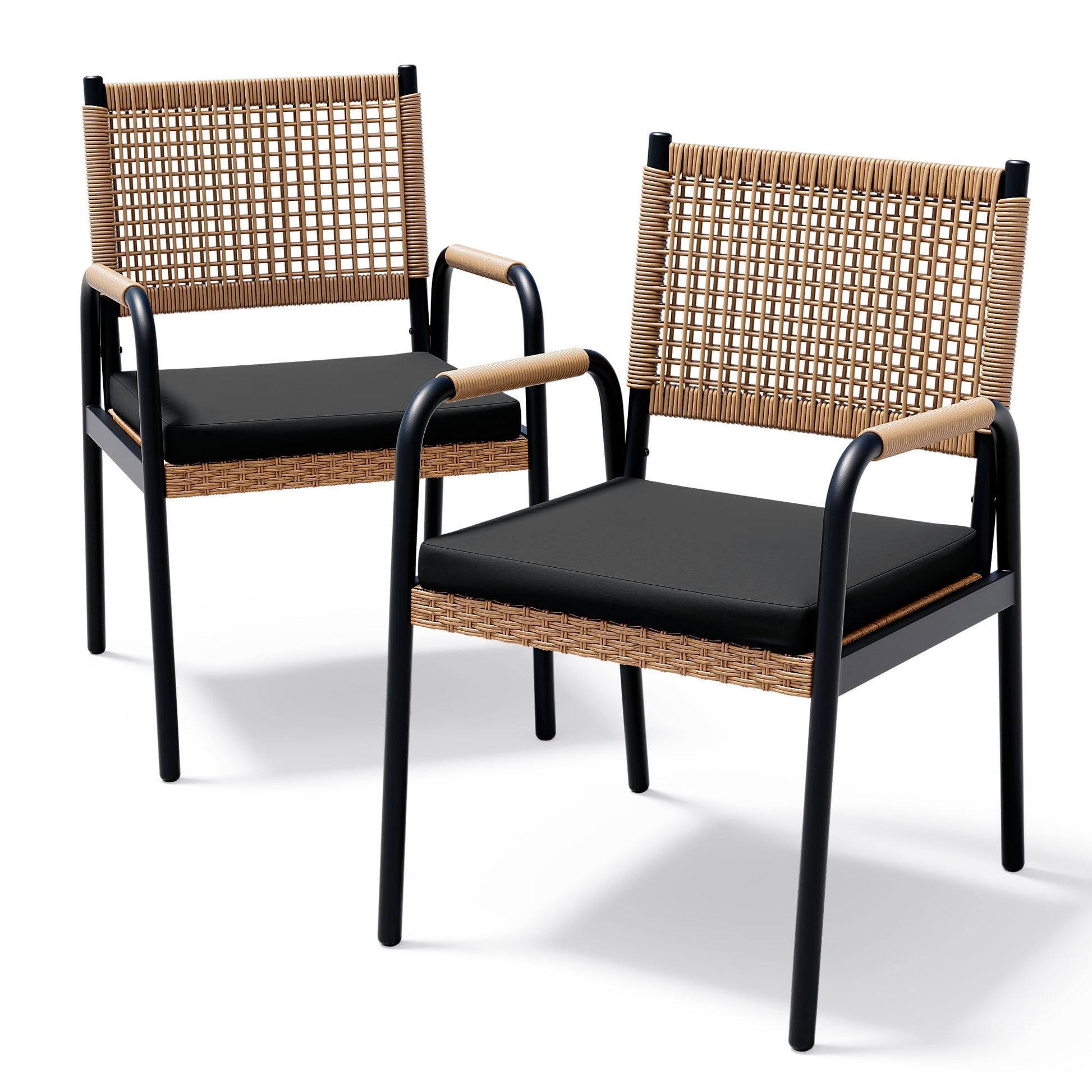 Garvee 4-Piece Stackable Rattan Patio Dining Chairs, All-Weather Outdoor Armchairs with Cushions, Black & Brown