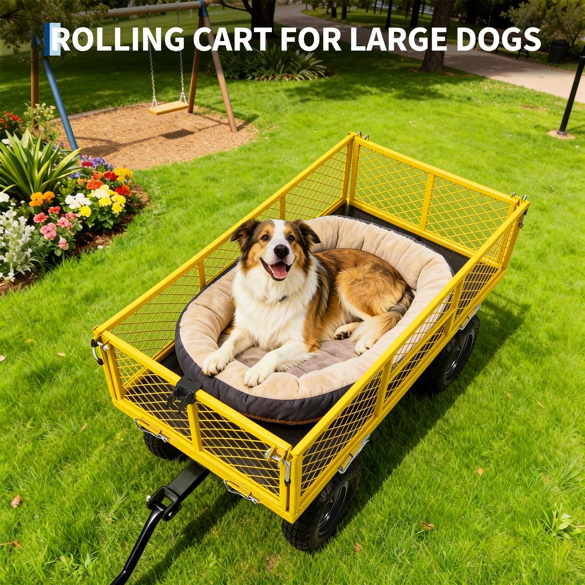 Garvee 900 lbs Heavy Duty Steel Garden Wagon Cart – 2-in-1 Utility Yard Cart, Removable Mesh Sides, 10" All-Terrain Tires, 180° Rotating Handle – Ideal for Lawn and Gardening Tasks – Black Wheels, Yellow Frame, Black Handle