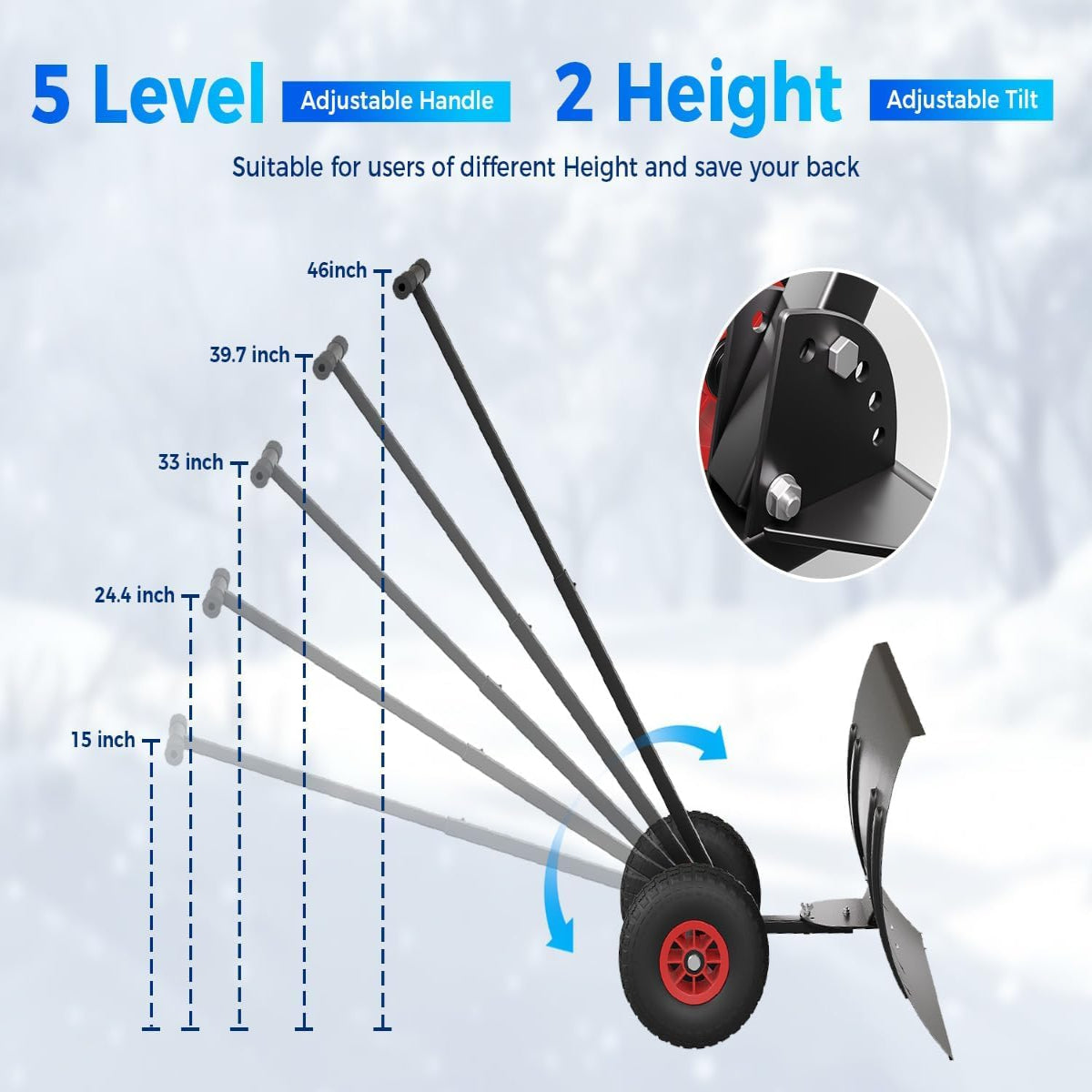 Garvee Snow Shovel with Wheels for Driveway, 20" Wide Adjustable Snow Pusher with 5-Position Angle & Height Handle, Ergonomic Back-Saving Snow Removal Tool for Sidewalks, Yards & Patios - Black