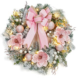 Garvee Pre-Lit Christmas Wreath for Front Door, 24 Inch Large Xmas Lighted Wreath Battery Operated with Flower, Ball Ornaments & 20 LED Lights for Fireplace Window Holiday Decor, Pink - Pink