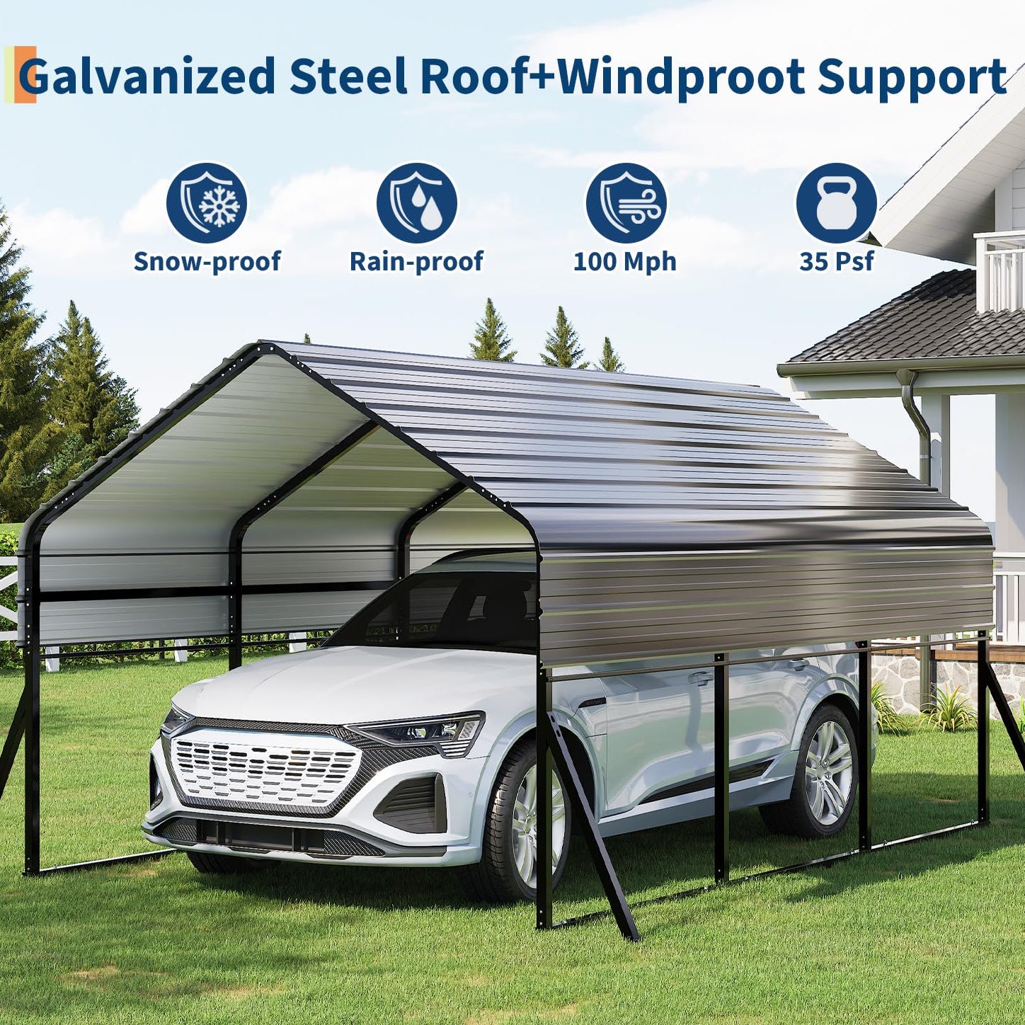 Garvee 10' X 15'  Heavy Duty Metal Carport Kit for Trucks, Boats, RVs, Tractors – Reinforced Frame, Anchors, All-Weather Outdoor Storage Shelter, 100MPH Wind & 35PSF Snow Rated, Quick Assembly