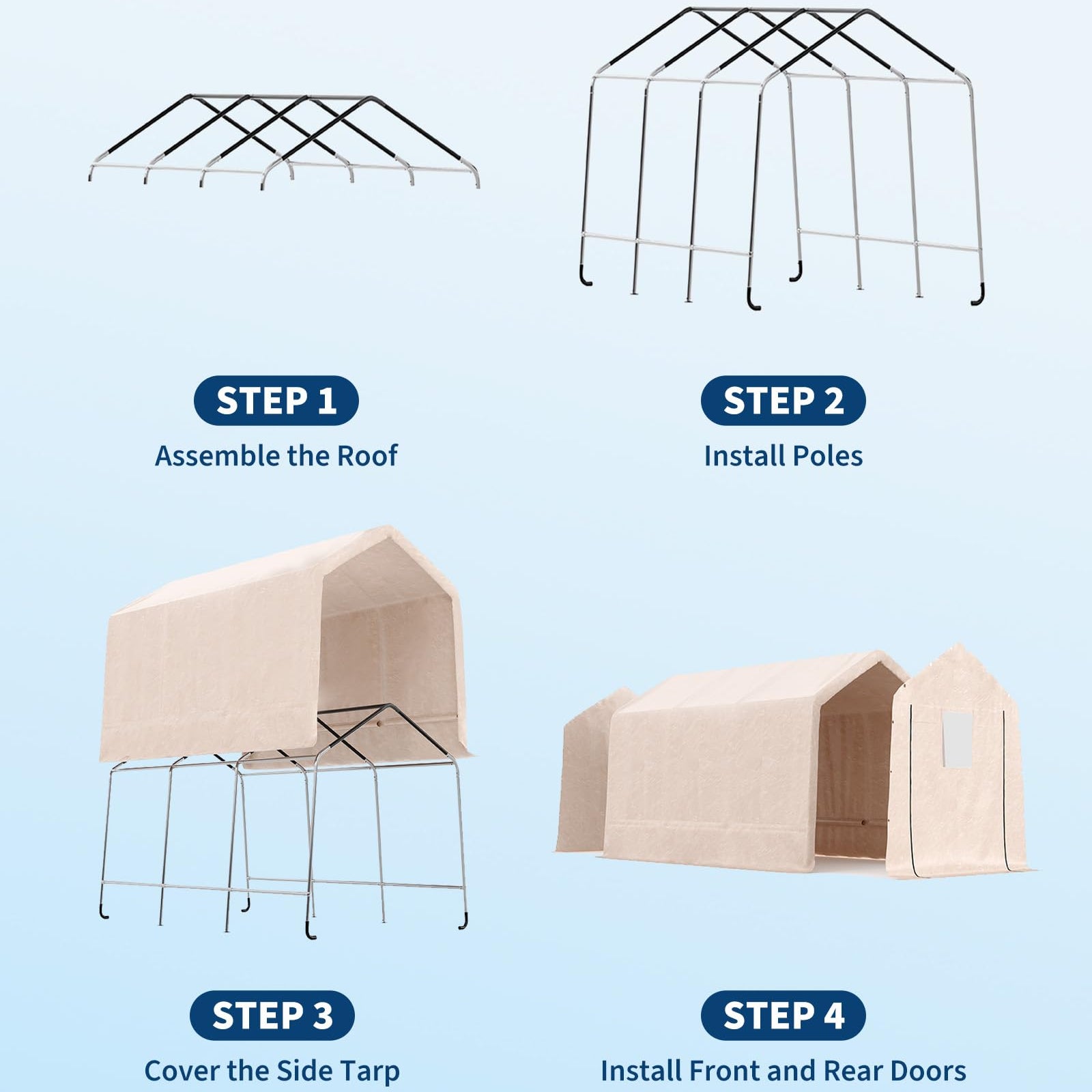 Garvee 7x15FT Khaki Outdoor Portable Storage Shed with Roll-Up Door & Vent, 240G Heavy-Duty Shelter Waterproof PE Tarp, UV-Resistant Storage Sheds for Motorcycle, Firewood, Garden and Tools