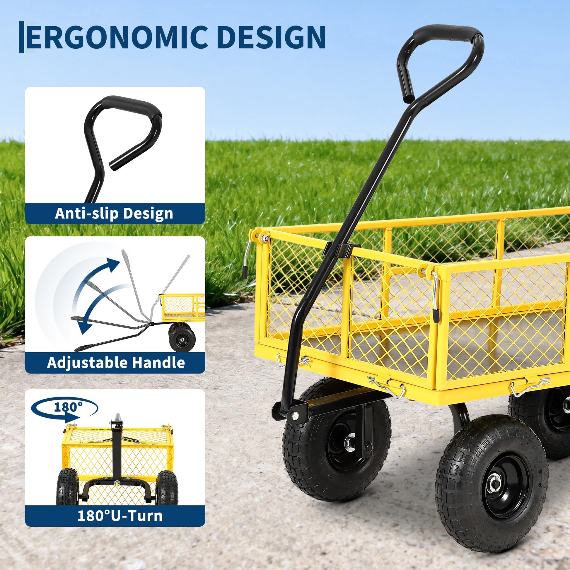 Garvee 900 lbs Heavy Duty Steel Garden Wagon Cart – 2-in-1 Utility Yard Cart, Removable Mesh Sides, 10" All-Terrain Tires, 180° Rotating Handle – Ideal for Lawn and Gardening Tasks – Black Wheels, Yellow Frame, Black Handle