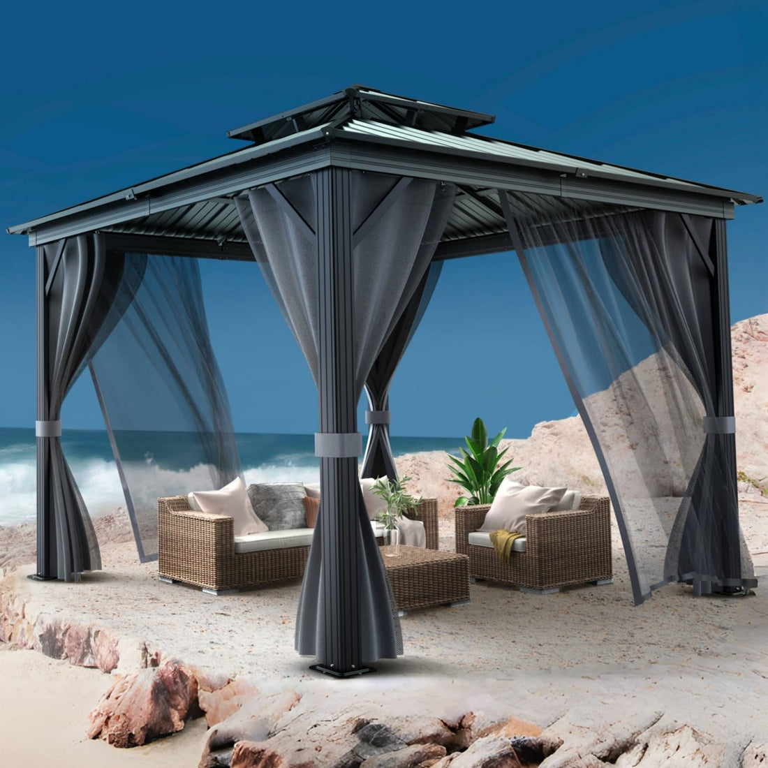 Garvee All-Weather Hardtop Gazebo with Double Metal Roof & Aluminum Frame, Mosquito Netting, Privacy Curtains, Outdoor Pavilion for Patio, Garden, Deck, Lawn, Backyard, Gray Mesh Black Yarn, 8x8FT