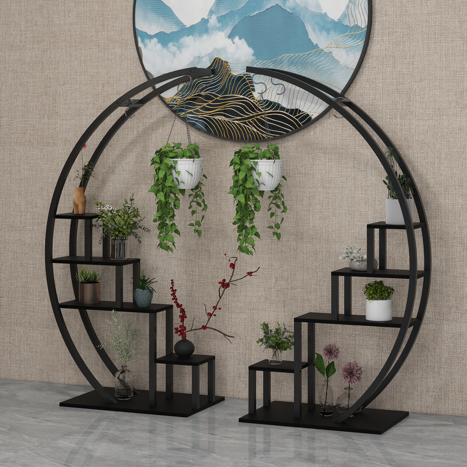 Garvee 5-Tier Curved Metal Plant Stand with 6 Hooks, Elegant Black Balcony & Indoor Flower Pot Display Rack for Plants & Garden Decor