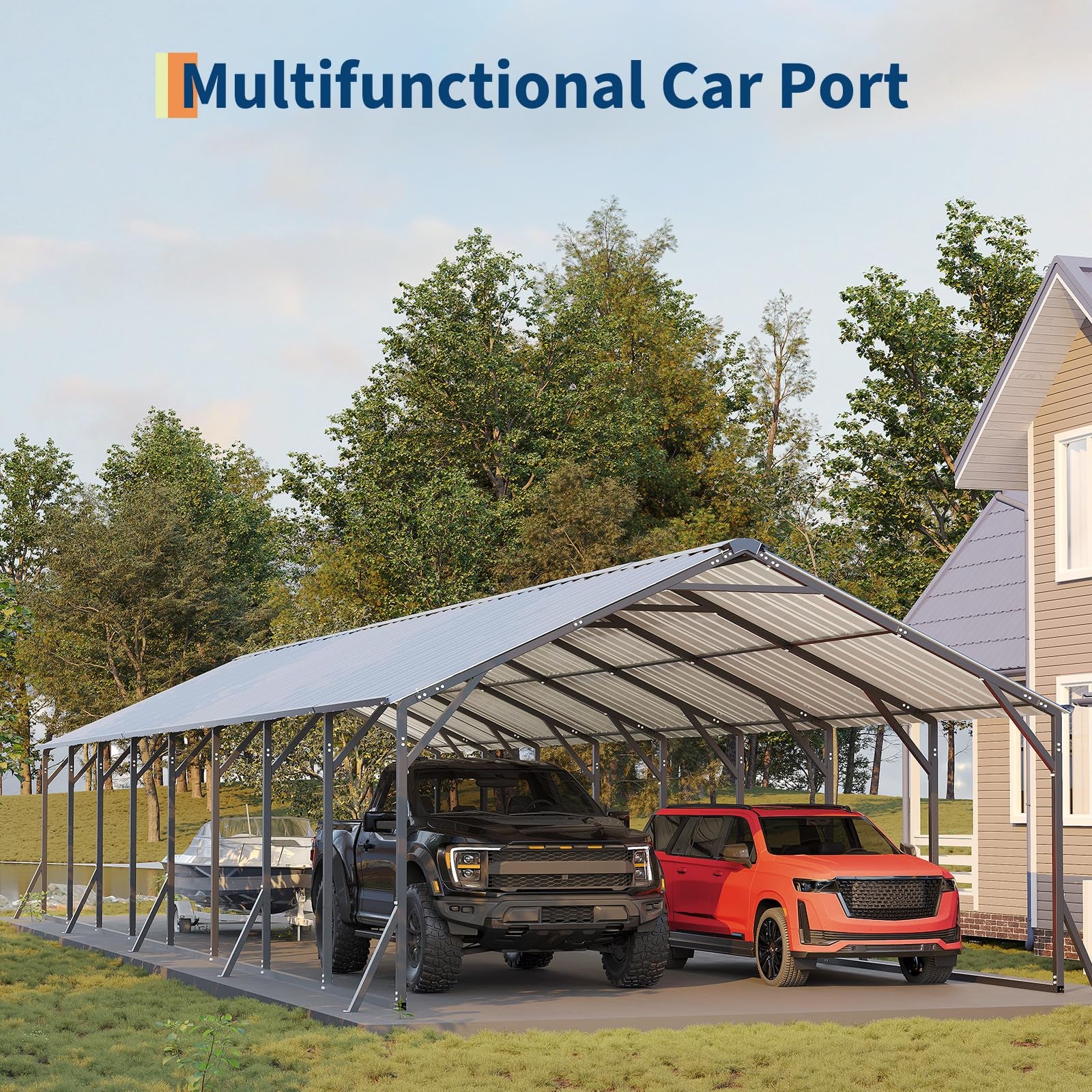 Garvee Heavy Duty Metal Carport 20x40x12 ft – Enclosed Steel Outdoor Storage Shelter, Vertical Roof, All-Weather Protection for Multiple Vehicles, Pickup Trucks, Boats, Tractors, Grey