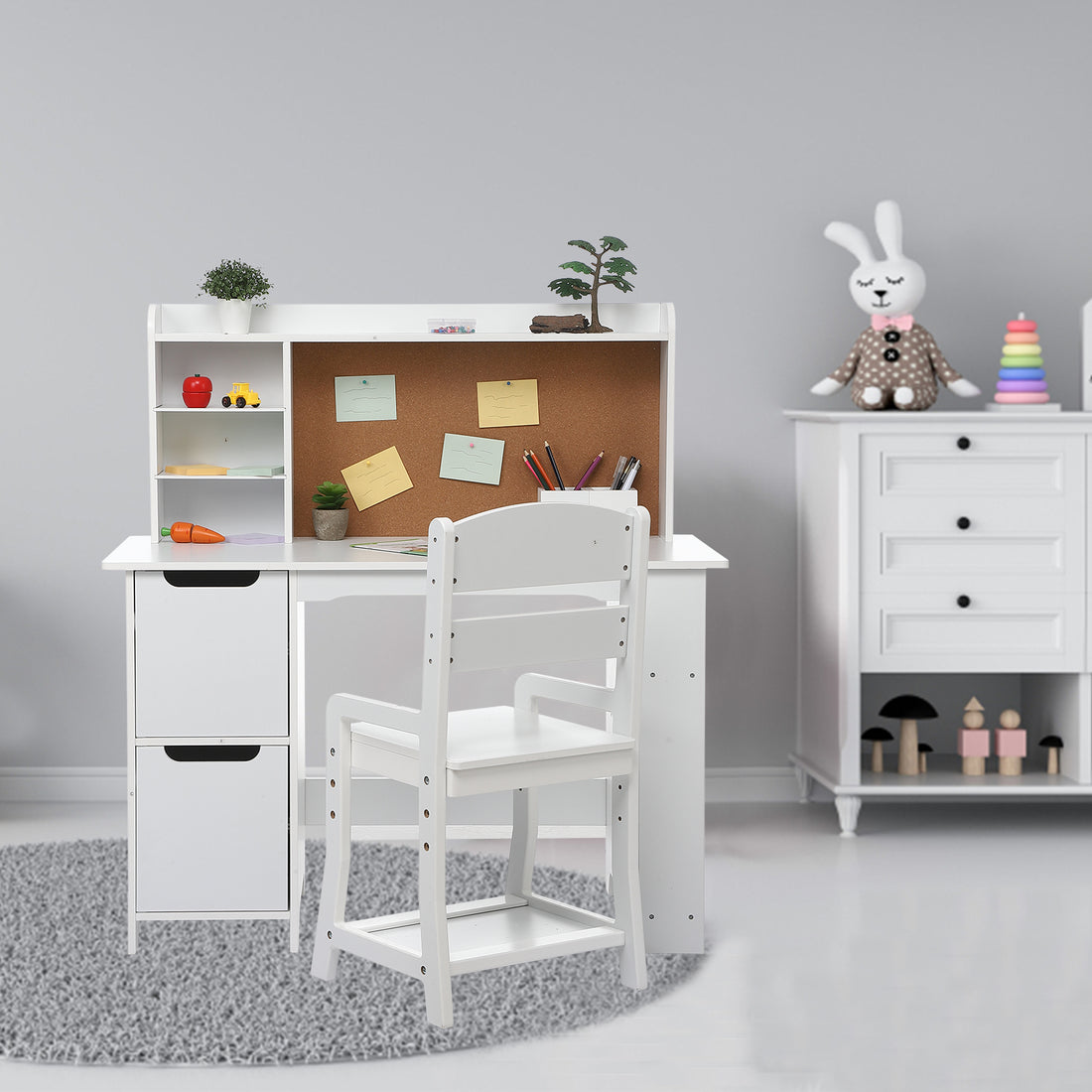 Garvee Kids Wooden Study Desk & Chair Set with Bulletin Board, Cabinets and Bookshelf Suitable for Age 3-10, White