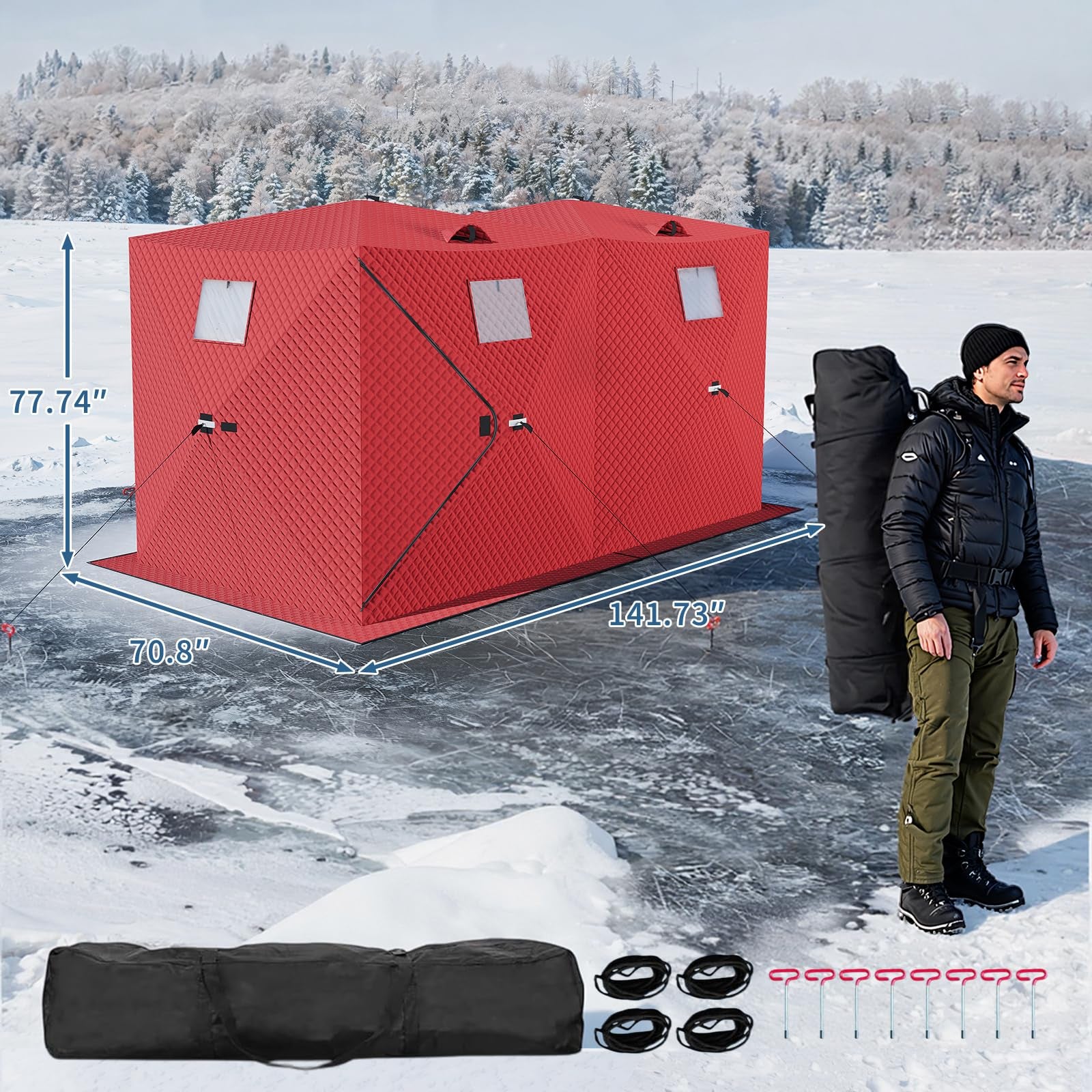 Garvee Insulated Pop-Up Ice Fishing Tent for 5-7 Persons - Spacious Hub-Style Winter Shelter - Waterproof Oxford, Quick Setup, Windproof, Anchors, Ropes, Carry Bag - Red, 141.73×70.8×77.74 Inch | Winter fishing portable shelter