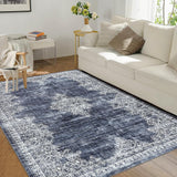 Garvee Washable 8x10 Vintage Tribal Area Rug - Low Pile, Distressed Medallion - Soft Polyester, Machine Washable - Non-Slip, Durable - Living Room, Bedroom, Office - Blue