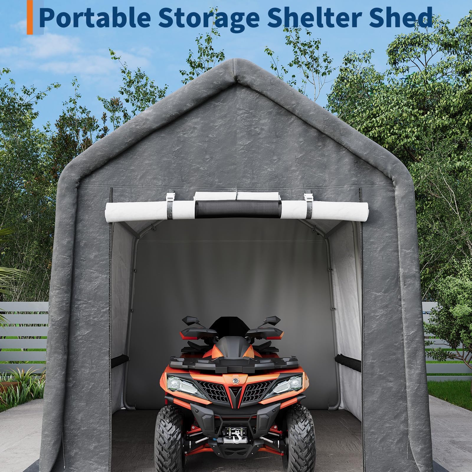 Garvee 10x10FT Gray Outdoor Portable Storage Shed with Roll-Up Door & Vent,Heavy-Duty Shelter Waterproof PE Tarp, UV-Resistant Storage Sheds for Motorcycle, Firewood, Garden and Tools, Gray