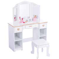 Garvee Girls' Vanity Table and Stool Set with Mirror, Drawer and Wood Makeup Playset Toy for Age 3-10, White