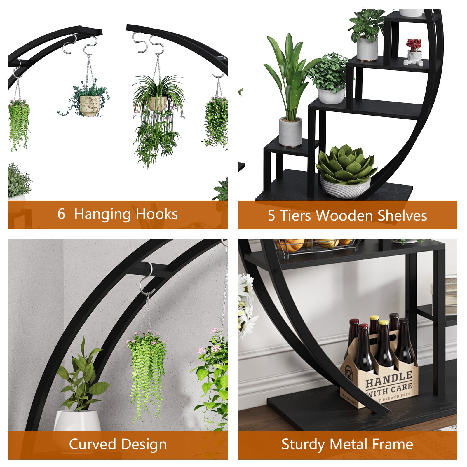 Garvee 5-Tier Curved Metal Plant Stand with 6 Hooks, Elegant Black Balcony & Indoor Flower Pot Display Rack for Plants & Garden Decor