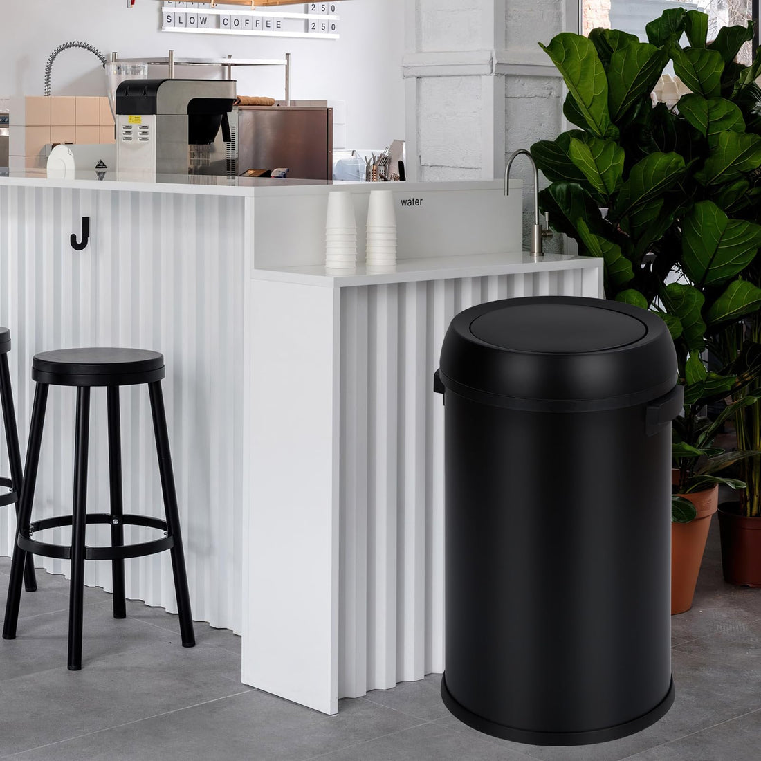 Garvee 17 Gallon Flip Top Trash Can, Stainless Steel Outdoor Garbage Can, Commercial Grade Heavy Duty Cylindrical Rubbish Bin for Home Office Restaurant, Black