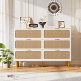Garvee Rattan 6 Drawers Dresser for Bedroom, Large Double Dresser with Deep Drawers, Chest of Drawers for Closet with Wide Top, Long Wooden Dresser for Living Room, Hallway, Kids Room, White - White