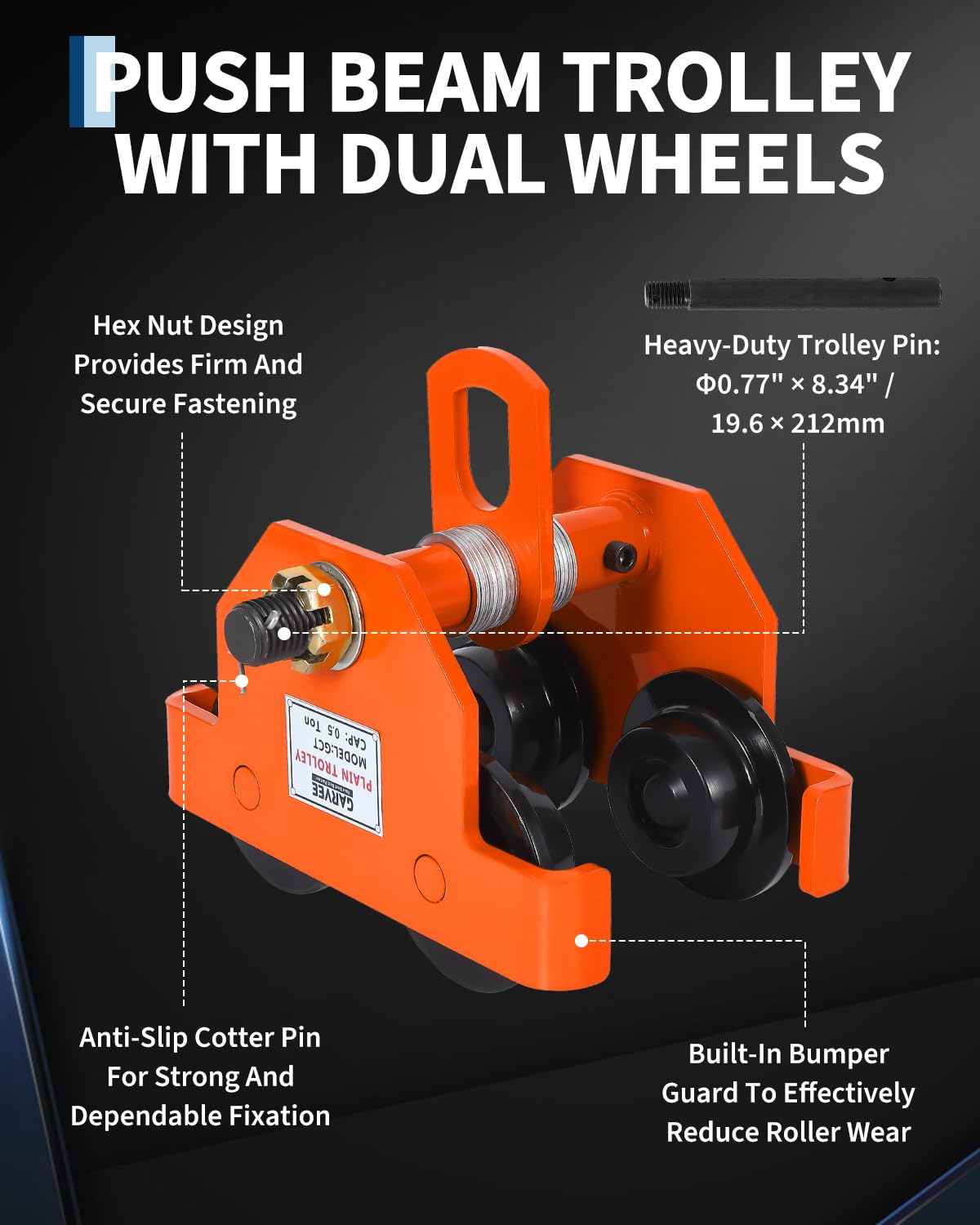 Garvee Manual Push Beam Trolley Hoist - 0.5 Ton (1100 lb) Capacity - Adjustable 2.5–7 in I-Beam Flange - Dual-Wheel Alloy Steel for Straight/Curved I & H Beams - Color: Orange