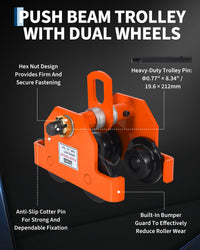 Garvee Manual Push Beam Trolley Hoist - 0.5 Ton (1100 lb) Capacity - Adjustable 2.5–7 in I-Beam Flange - Dual-Wheel Alloy Steel for Straight/Curved I & H Beams - Color: Orange