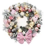 Garvee 24 Inch Christmas Wreath with Pink Bow, LED Lights, Frosted PVC Pine Needles, Durable, Easy-to-Hang, Holiday Decor for Front Door
