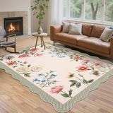 Garvee Floral Rug 10x13 Ultra Thin Soft Scalloped Botanical Print Taupe Washable Non-Slip Hypoallergenic Indoor Living Room Bedroom Dining - Floral/Light Taupe