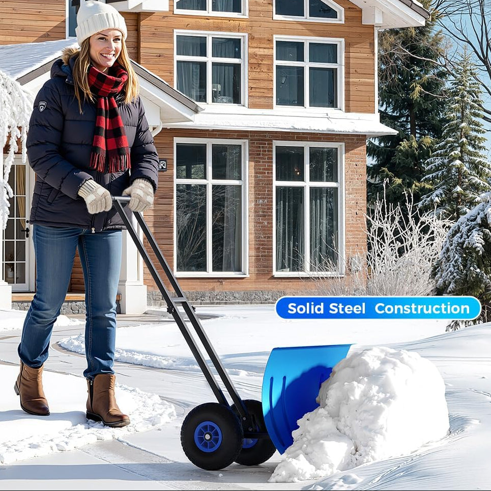 Garvee 29"W X 19.68"H Snow Pusher Shovel with Wheels,Heavy Duty Steel Snow Shovel with Wheels,Angled Blade Efficient Snow Removal With5-Position Angled Blade & Adjustable Handle for Doorway, Sidewalk