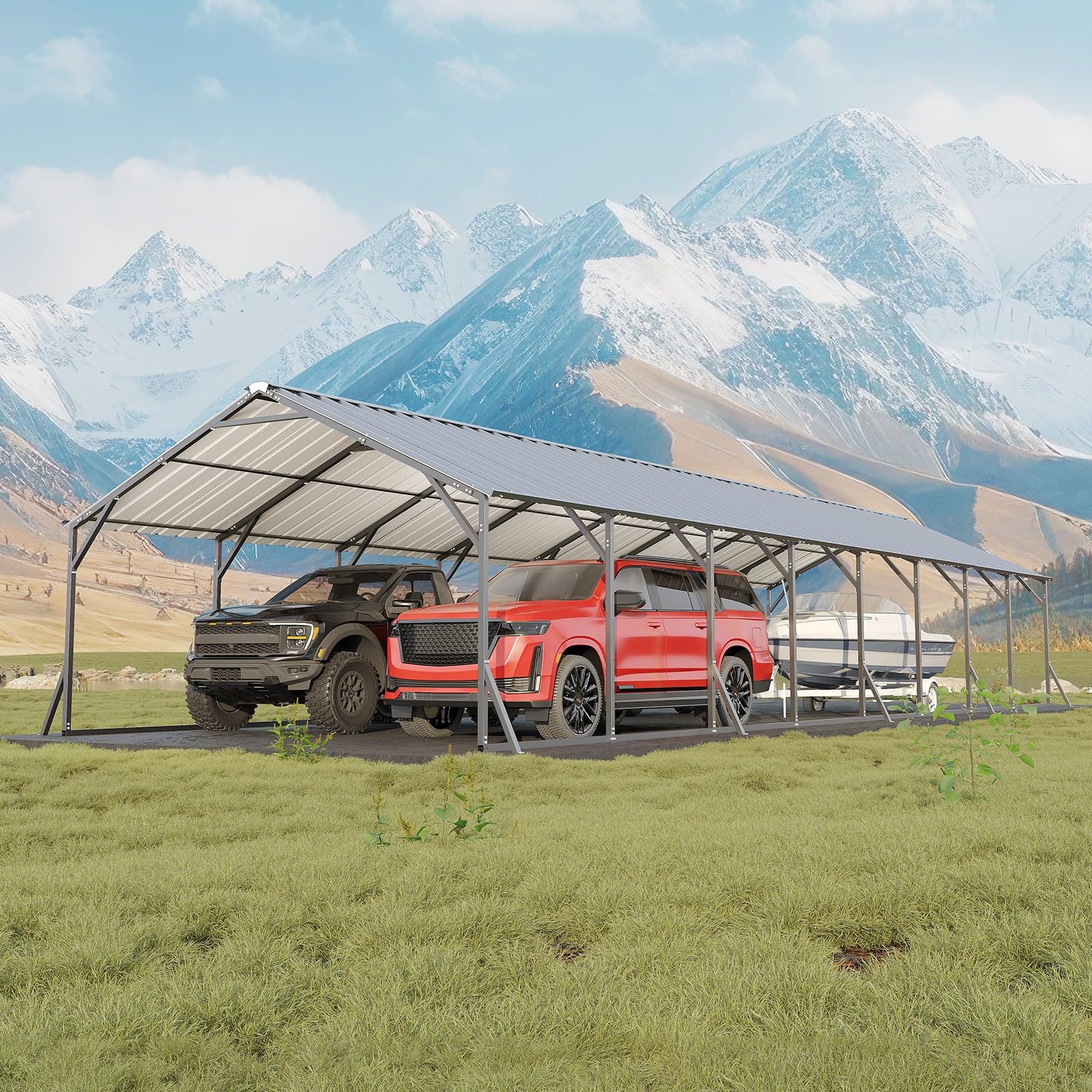 Garvee Heavy Duty Metal Carport 20x40x12 ft – Enclosed Steel Outdoor Storage Shelter, Vertical Roof, All-Weather Protection for Multiple Vehicles, Pickup Trucks, Boats, Tractors, Grey