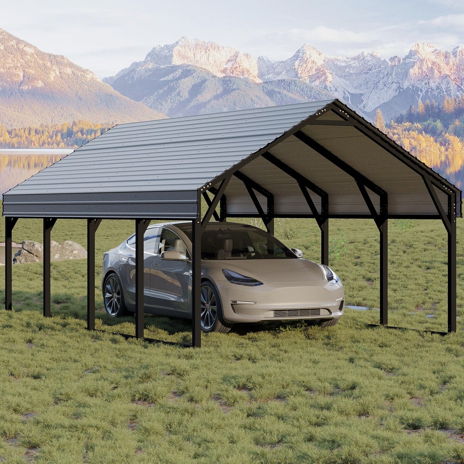 Garvee 12x20 FT Metal Carport, Reinforced Frame and Steel Roof for All-Weather Use, Permanent Shelter for Bass Boats, Full-Sized Pickup Trucks, and Tractors