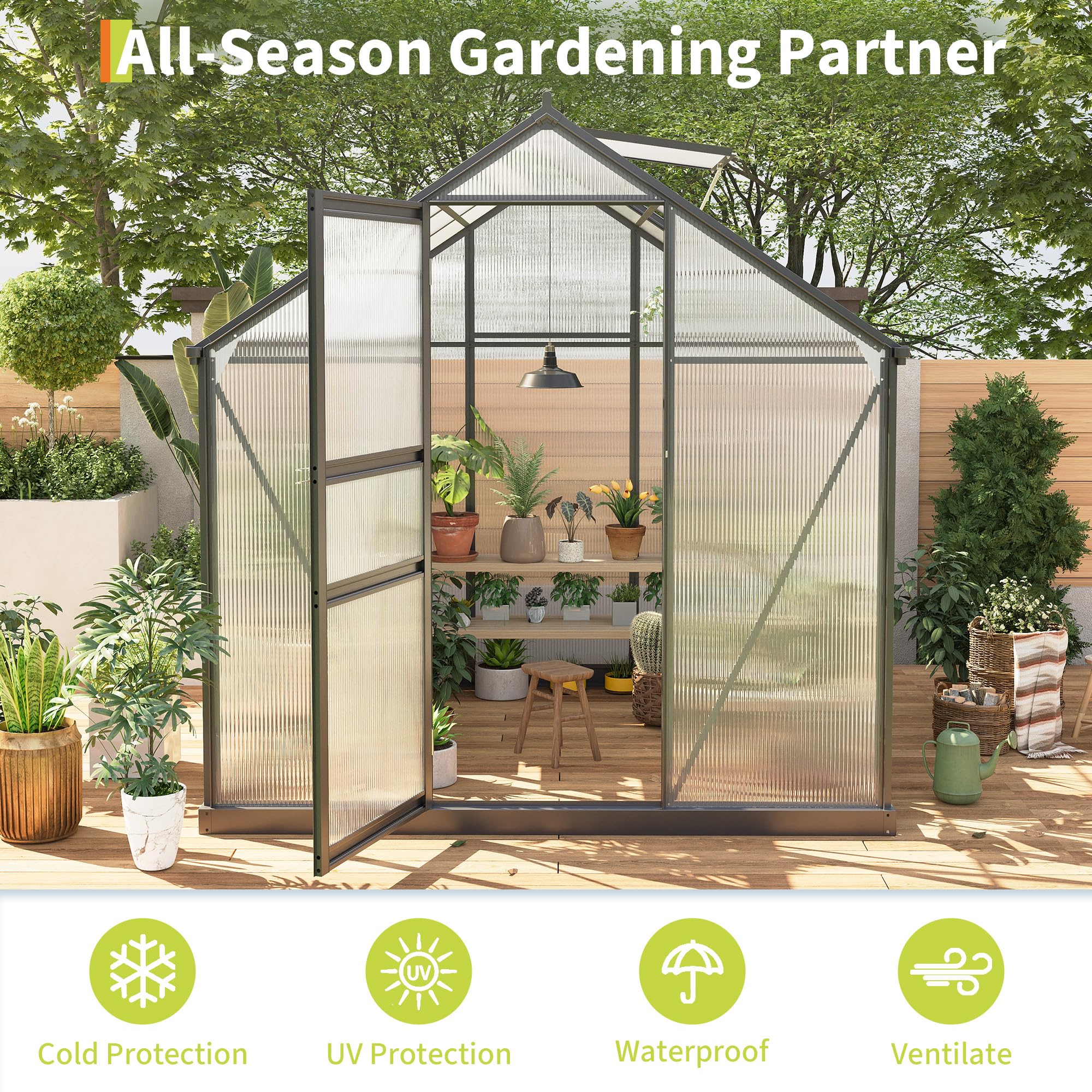 Garvee Large Outdoor Greenhouse 6x8 FT Polycarbonate Aluminum