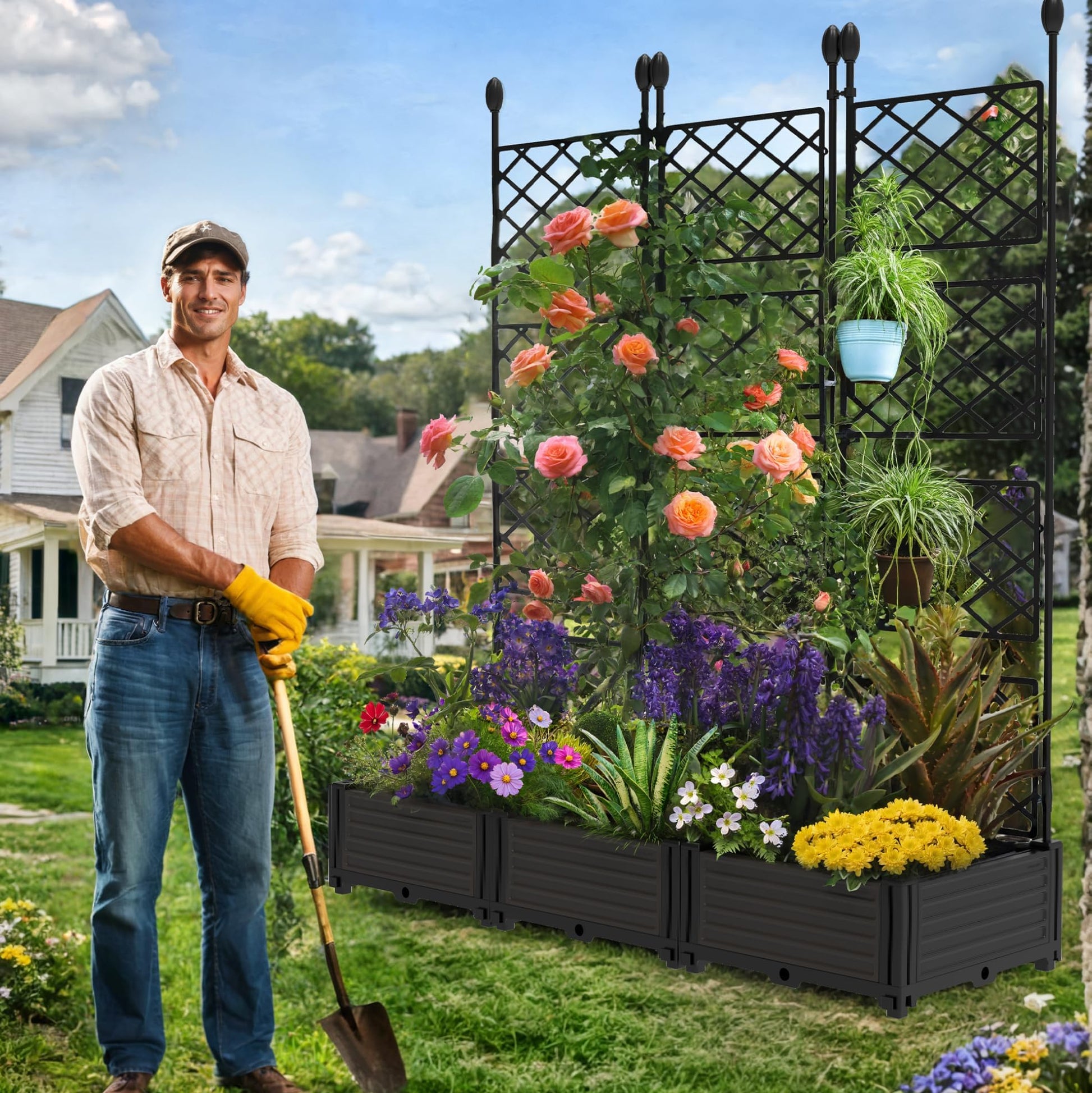 Garvee 3 PCS Raised Garden Bed with Trellis, 114.2" x 63" Plastic Planter Box for Climbing Plants, Outdoor Vertical Garden with Privacy Screen for Patio, Balcony, Backyard – Sturdy & Lightweight