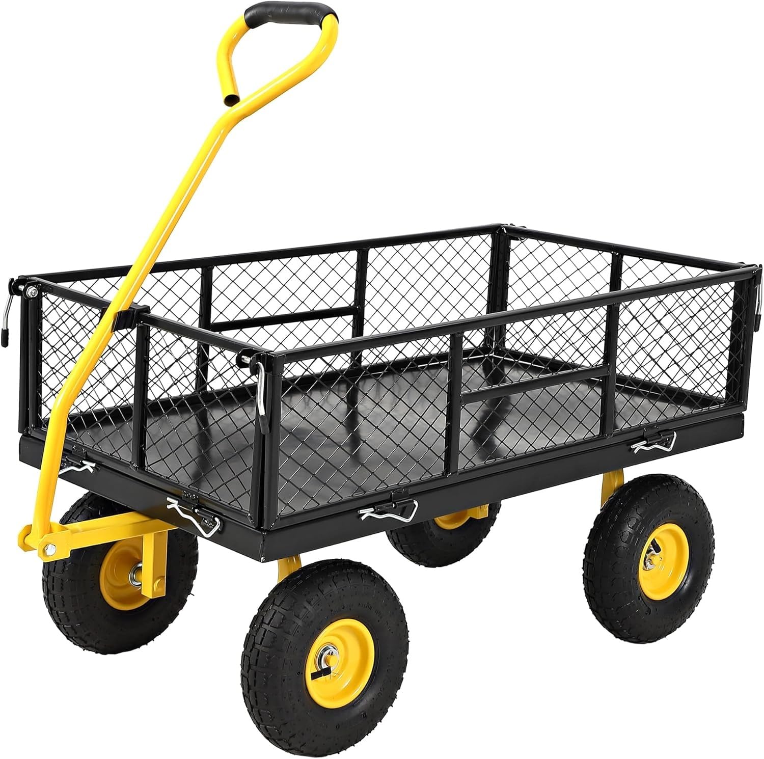 Garvee 900 lbs Heavy Duty Steel Garden Wagon Cart – 2-in-1 Utility Yard Cart, Removable Mesh Sides, 10" All-Terrain Tires, 180° Rotating Handle – For Gardening, Lawn, Outdoor Transport – Black Body, Yellow Hubs