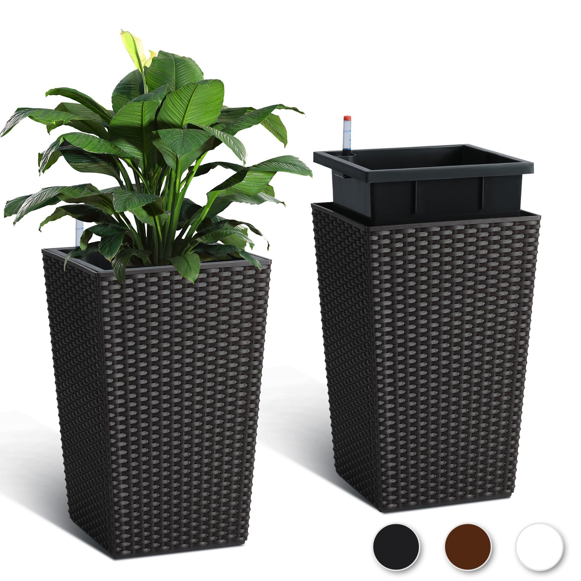 indoor/outdoor self-watering planter Garvee 16 Inch Rattan Planter Set of 2 with Water Level Monitor & Wheels,  Durable Plastic, Self-Watering, Indoor/Outdoor Patio Decor, Matte White