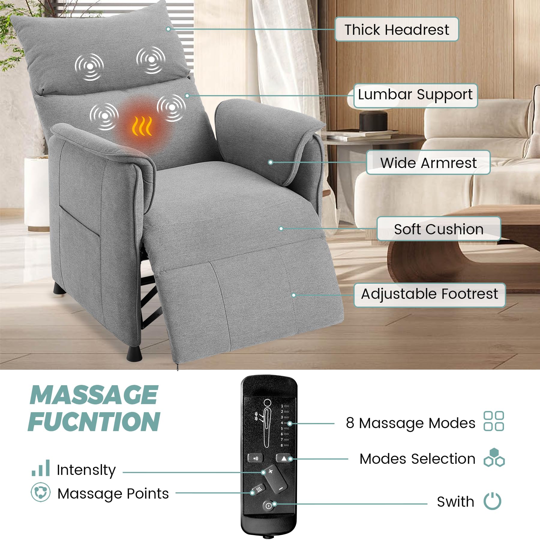 Illustration of recline and rocking functions of the chair, showing adjustable reclining from 105 to 165 degrees and 30-degree rocking.