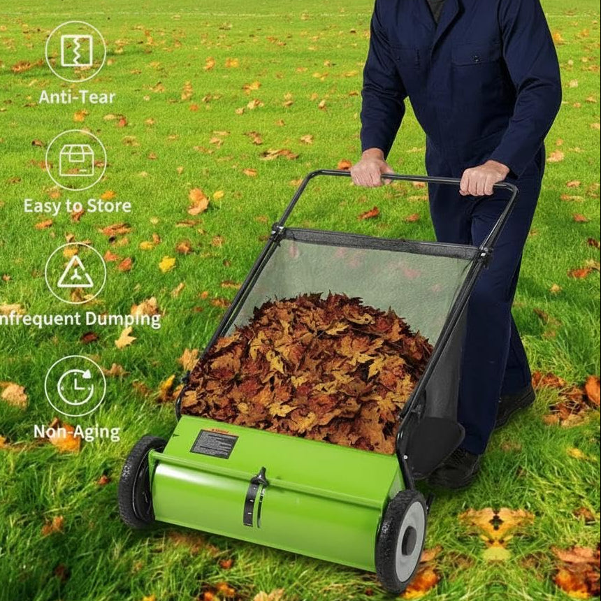 Garvee Light Green 21-Inch Push Lawn Sweeper with 3.5 Cu. Ft. Bag, 4 Spinning Brushes, Adjustable Height, Steel Frame, Rubber Wheels, for Grass & Leaves