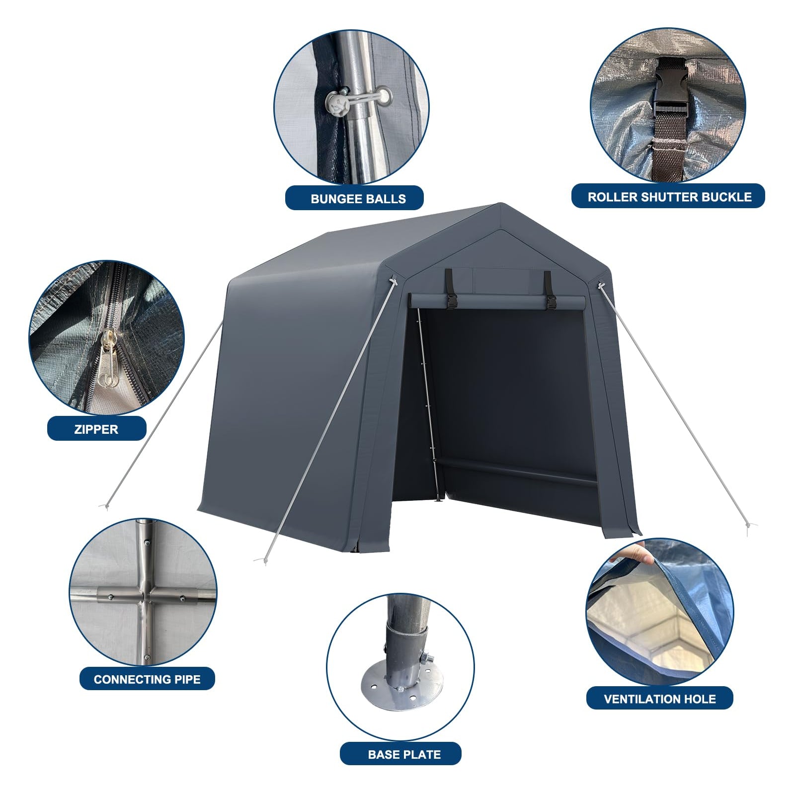 Garvee 6x8 ft Gray Portable Outdoor Storage Shed with Roll-Up Zipper Door & Vent, 240G Heavy-Duty Shelter Waterproof PE Tarp, UV-Resistant Carport for Motorcycle, Firewood, Tools