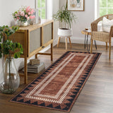 Garvee Modern Geometric Runner Rug 2x6 Washable Hallway Runner Rugs Brown Unique Bordered Neutral Bathroom Rug Non Slip, Non Shedding Kitchen Mat, Soft Low Pile Neutral Carpet for Laundry - Brick Red