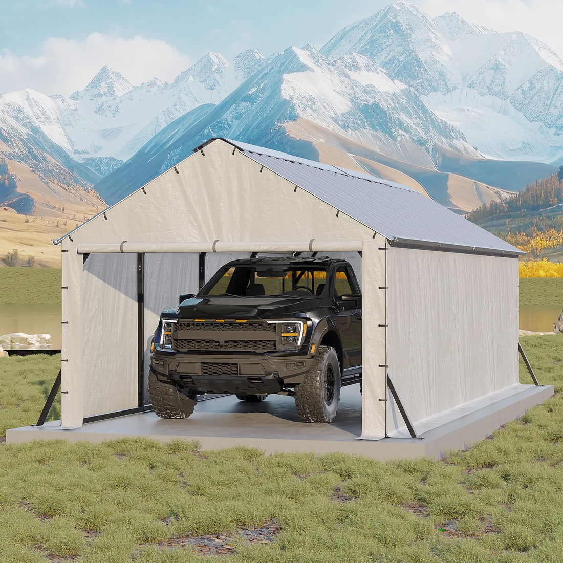 Garvee 11' X 20' Heavy Duty Enclosed Steel Carport for Outdoor Storage – Vertical Roof Garden Villa – All-Weather Protection for Full-Size Trucks, Boats, Tractors – Ideal for Patio, Lawn, and Garden – Size: 11x20FT