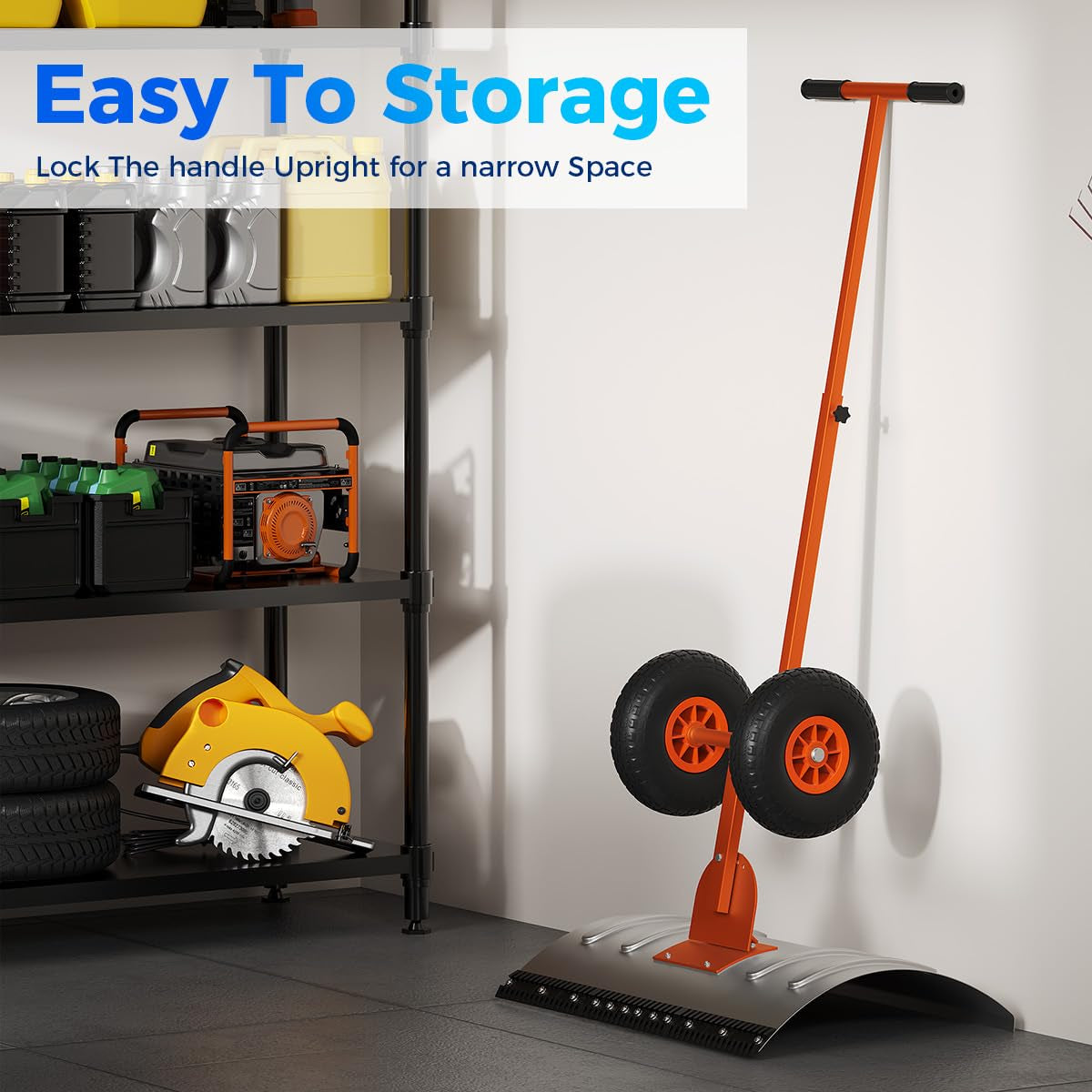Garvee 29"W X 16.5"H Heavy Duty Metal Snow Shovel with Wheels – Wide Angled Blade – 5-Level Adjustable Ergonomic Handle – Back-Saving Snow Pusher for Driveways, Sidewalks, Yards – Silver with Orange-Yellow Handle and Wheels
