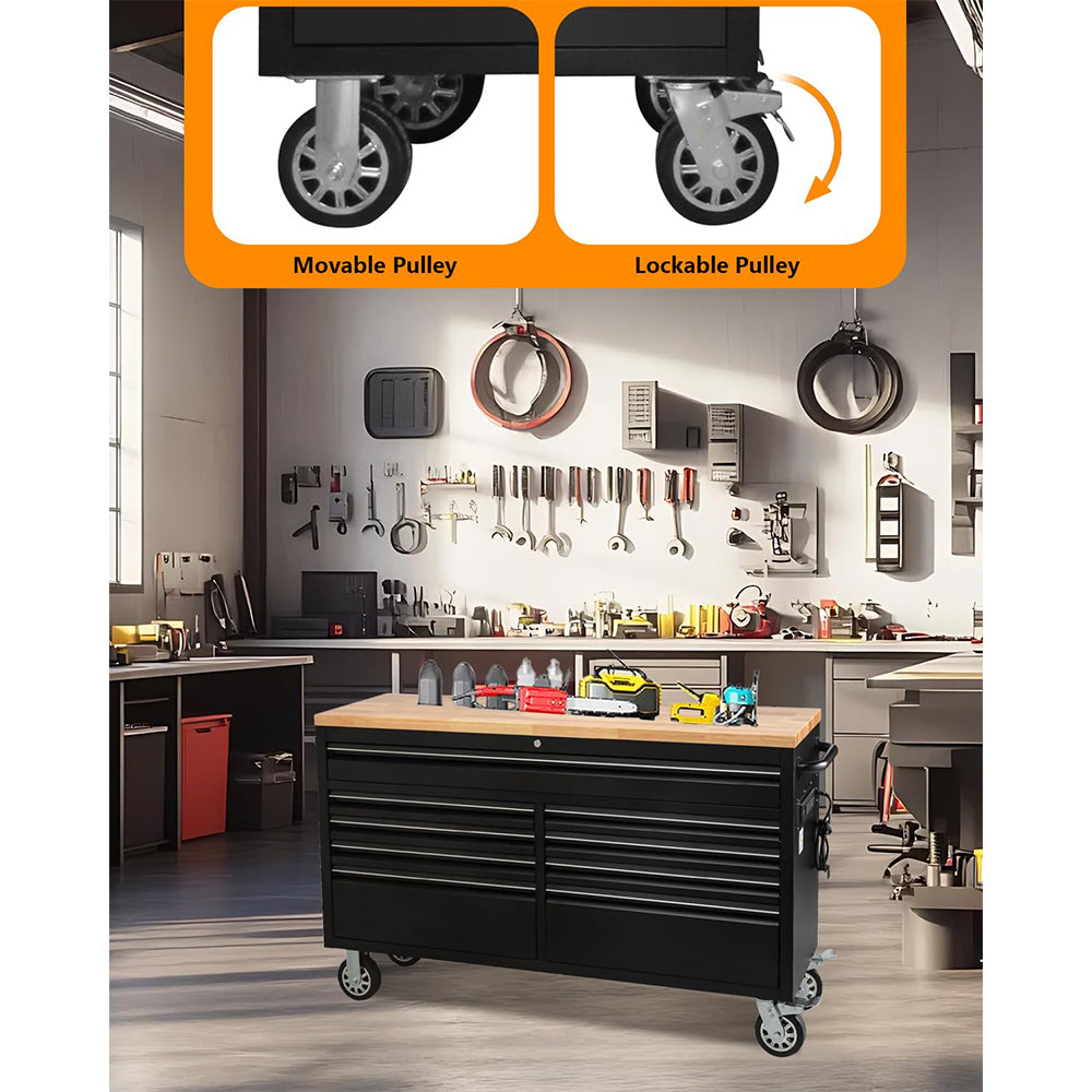 Garvee 9-Drawer Large Rolling Tool Chest, 61" Mobile Tool Storage Cabinet with Wheels and Wood Top, Garage Tool Box Organizer with Anti-Slip Liner for Warehouse, Workshop