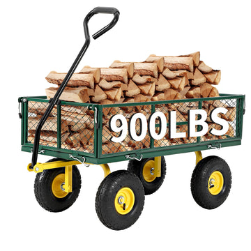 Garvee 900 lbs Heavy Duty Steel Garden Wagon Cart – 2-in-1 Utility Yard Cart, Removable Mesh Sides, 10" All-Terrain Tires, 180° Rotating Handle – Perfect for Lawn and Outdoor Gardening – Yellow Hub, Dark Green Frame, Black Handle