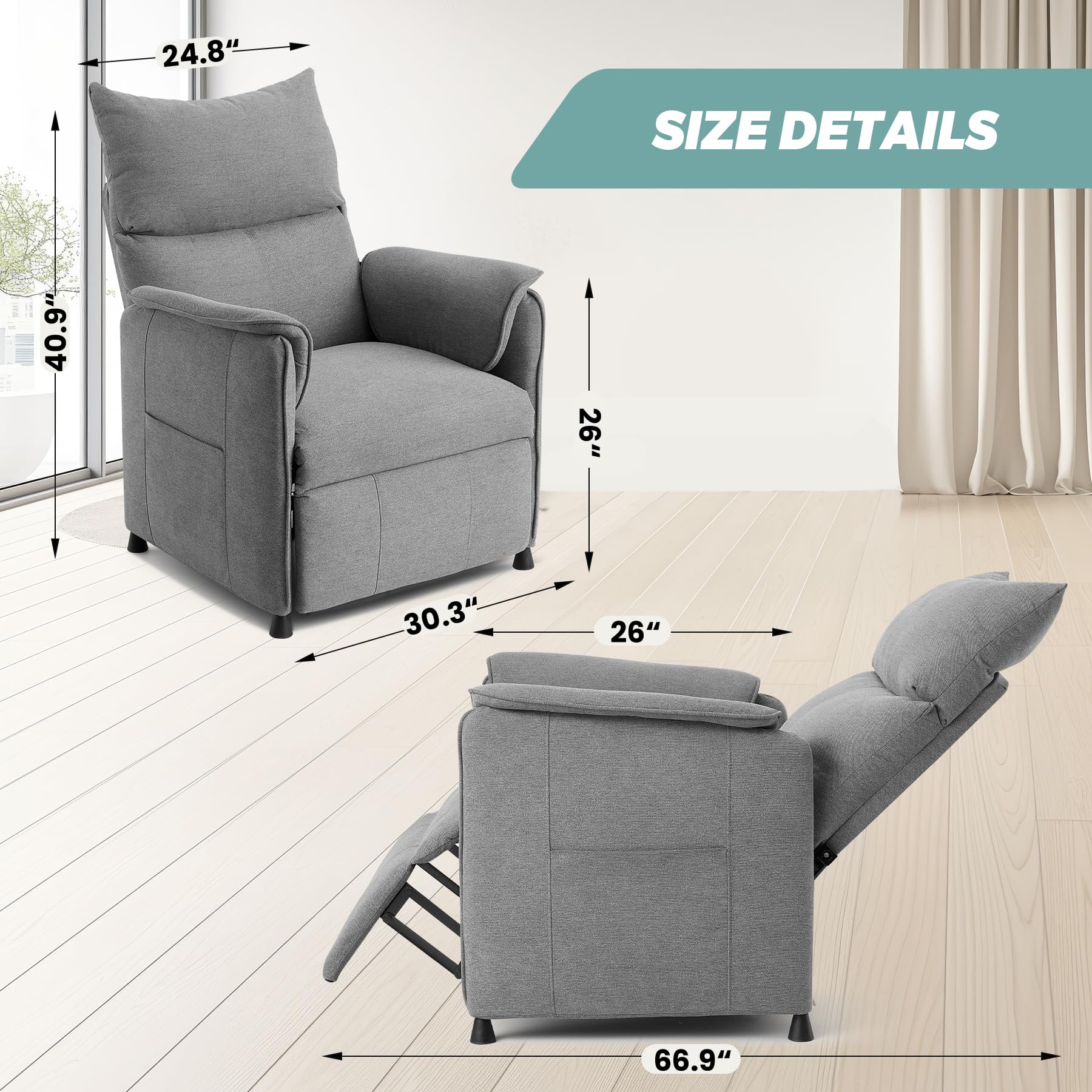 Gray fabric recliner chair with adjustable headrest, lumbar support, wide armrest, soft cushion, and adjustable footrest, featuring massage functions.