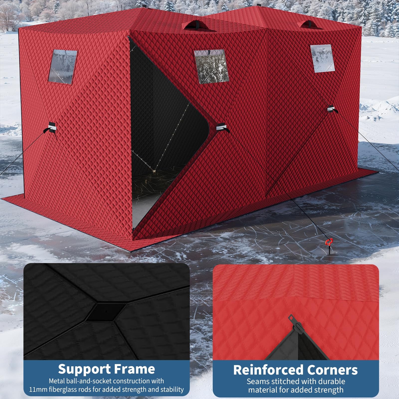 Garvee Insulated Pop-Up Ice Fishing Tent for 5-7 Persons - Spacious Hub-Style Winter Shelter - Waterproof Oxford, Quick Setup, Windproof, Anchors, Ropes, Carry Bag - Red, 141.73×70.8×77.74 Inch | Winter fishing portable shelter