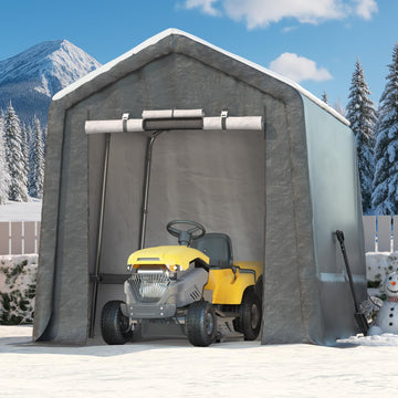 Garvee 7x12FT Gray Outdoor Portable Storage Shed with Roll-Up Door & Vent, 240G Heavy-Duty Shelter Waterproof PE Tarp, UV-Resistant Storage Sheds for Motorcycle, Firewood, Garden and Tools